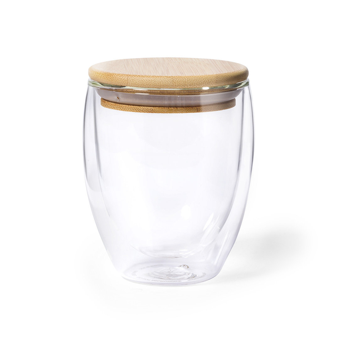 Vaso térmico personalizado Nystre de cristal borosilicato con bambú de 250ml