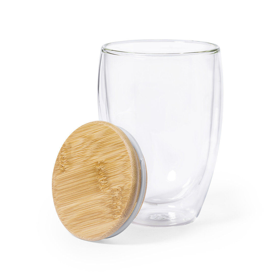 Vaso térmico personalizado Tobby de cristal borosilicato con bambú de 350ml