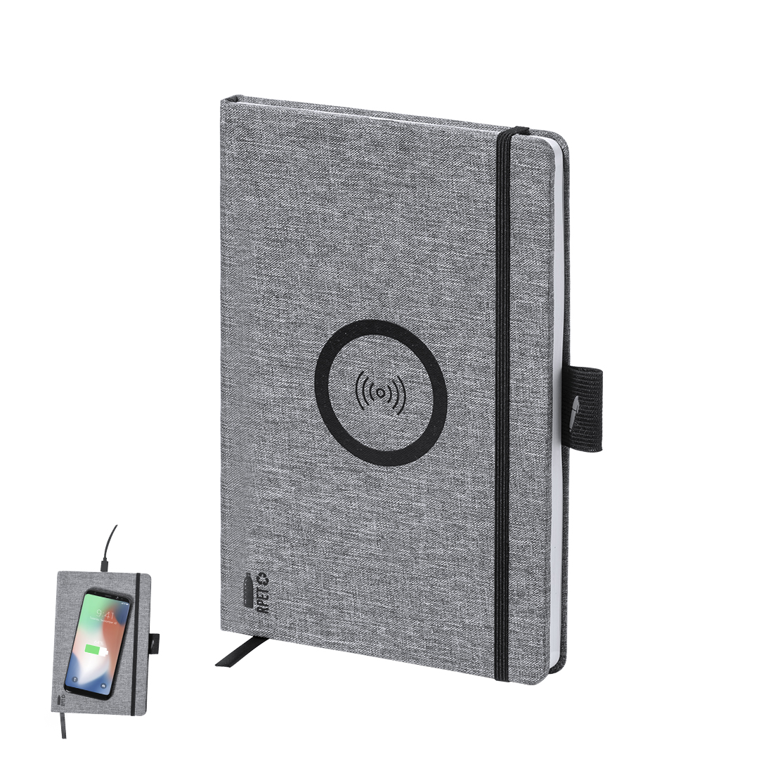 Bloc cargador personalizado Bein A5 nature en RPET con cargador inalámbrico 10W - Tecnología - Regalo Promocional Personalizado