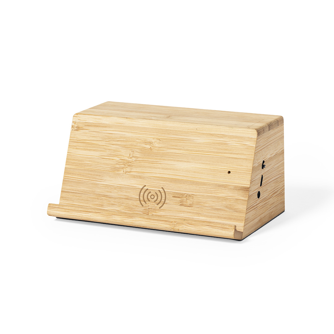 Altavoz cargador Zaphir bambú con soporte smartphone