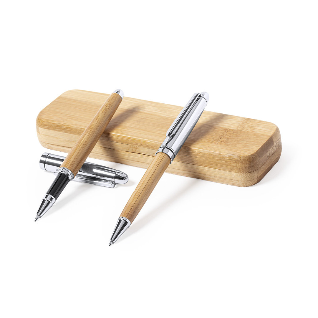 Set con bolígrafo y roller  personalizado Notium de bambú sostenible