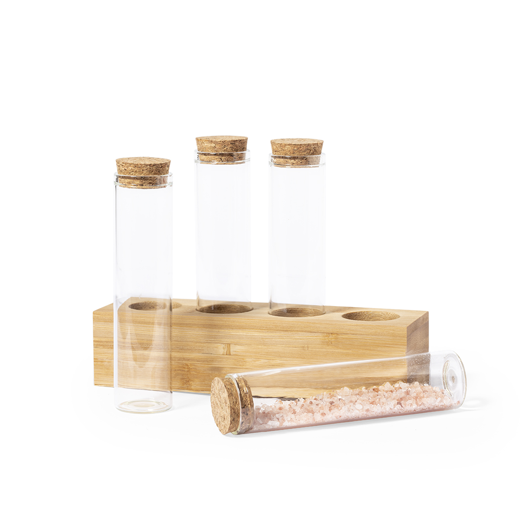 Especiero personalizado Tumber de borosilicato bambú con 4 tarros - Otros accesorios cocina - Regalo Promocional Personalizado