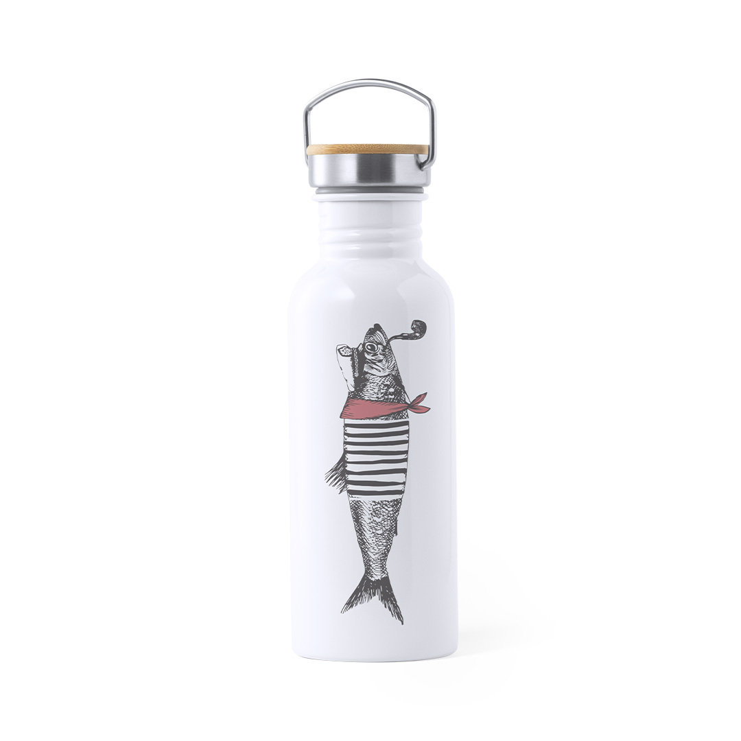 Bidón personalizado para Sublimación Preuk de 750ml en acero inoxidable con estilo retro y detalle de bambú