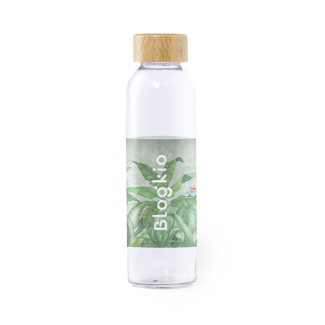 Bidón personalizado Yonsol de 500ml en cristal transparente con tapón de bambú - Tazas y botellas - Regalo Promocional Personalizado