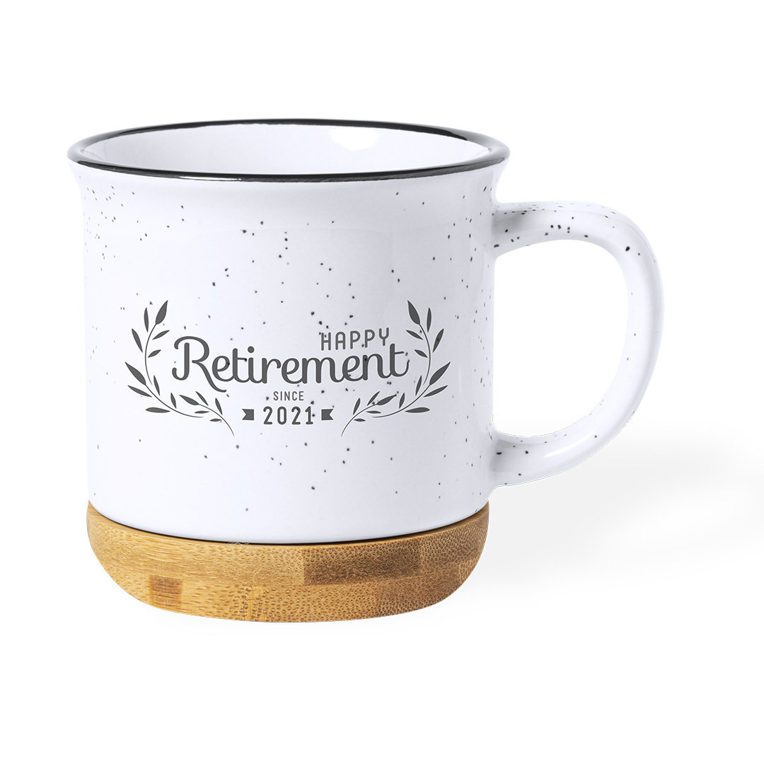Taza de cerámica personalizada Larray vintage de 330ml con base de bambú