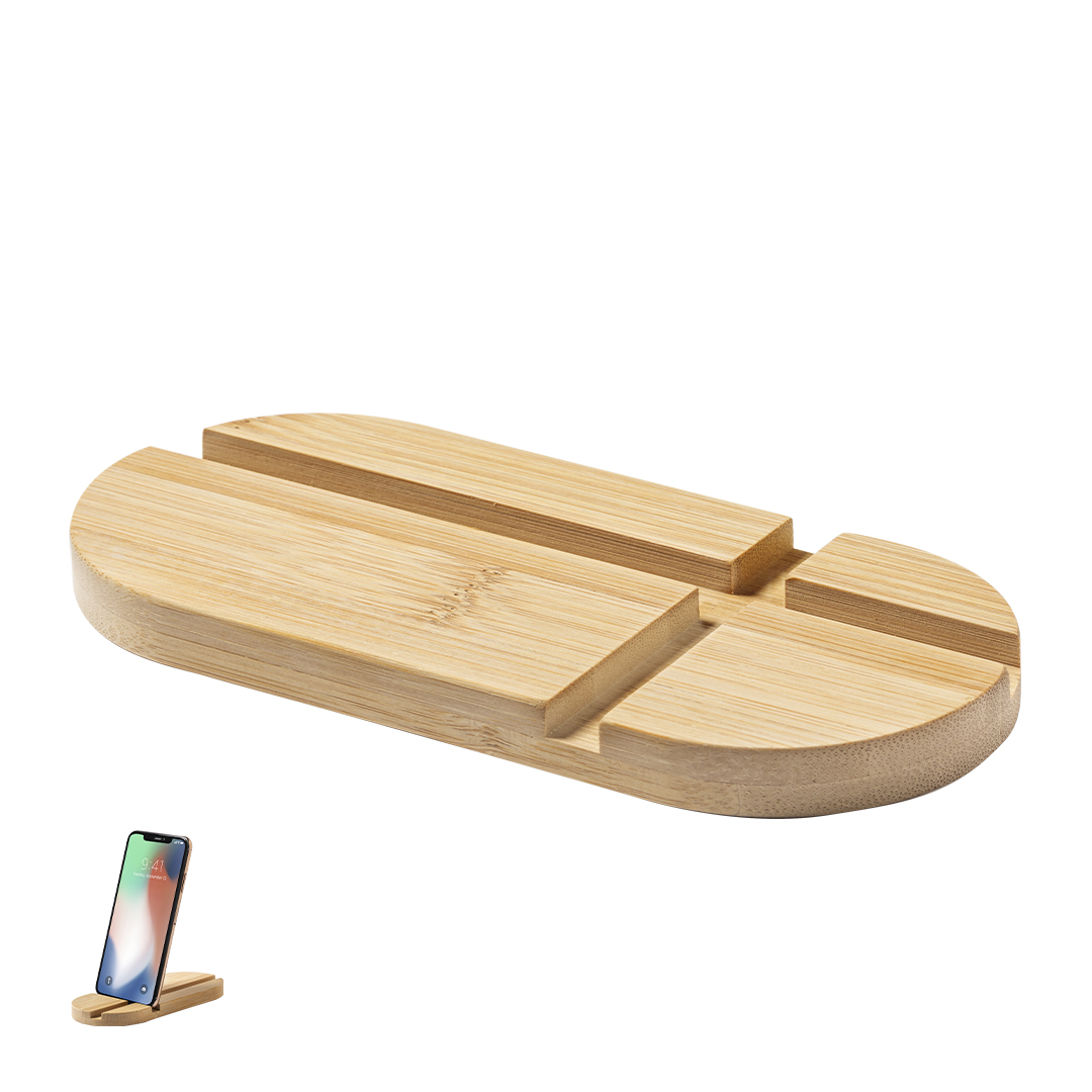 Soporte  para smartphone y tablet personalizado Lemins de bambú con cortes naturales - Tecnología - Regalo Promocional Personalizado