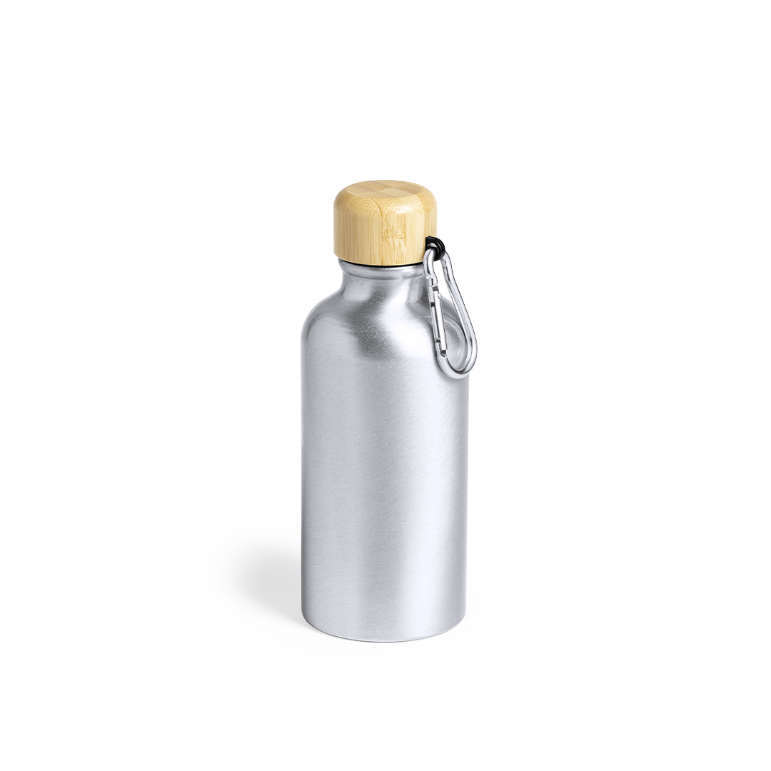Bidón personalizado Yorix de 400ml nature en aluminio mate con tapón de bambú y mosquetón - Tazas y botellas - Regalo Promocional Personalizado