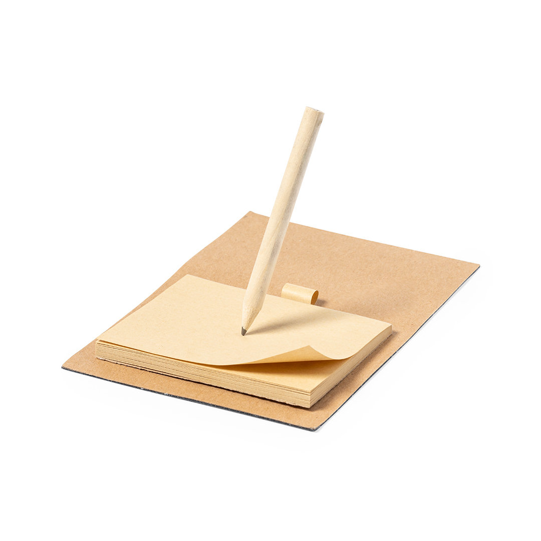 Imán personalizado Kibly línea nature de papel reciclado con minilápiz y bloc