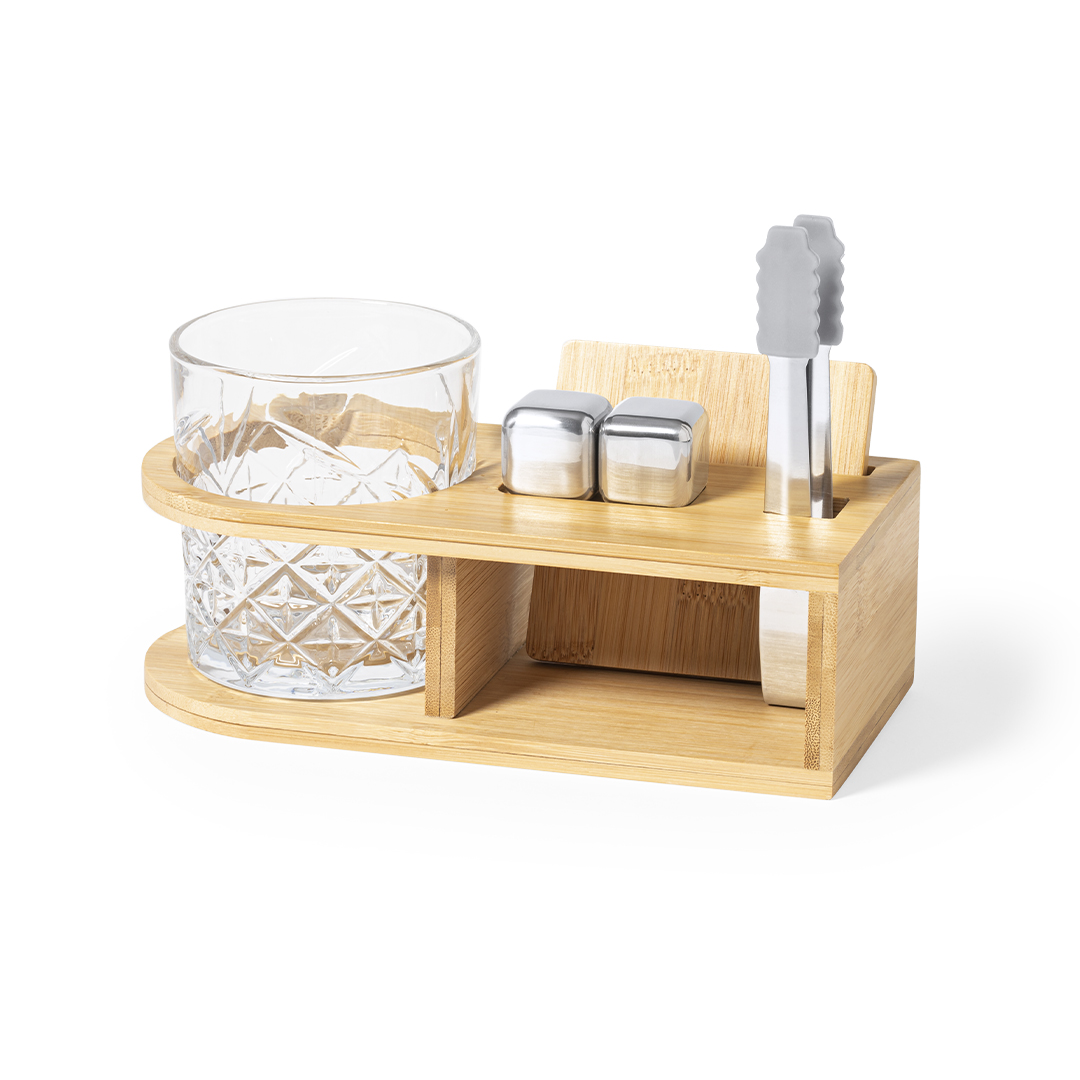Set de whisky personalizado Devon de bambú con vaso y cubitos enfriadores - Packs de regalo personalizado - Regalo Promocional Personalizado