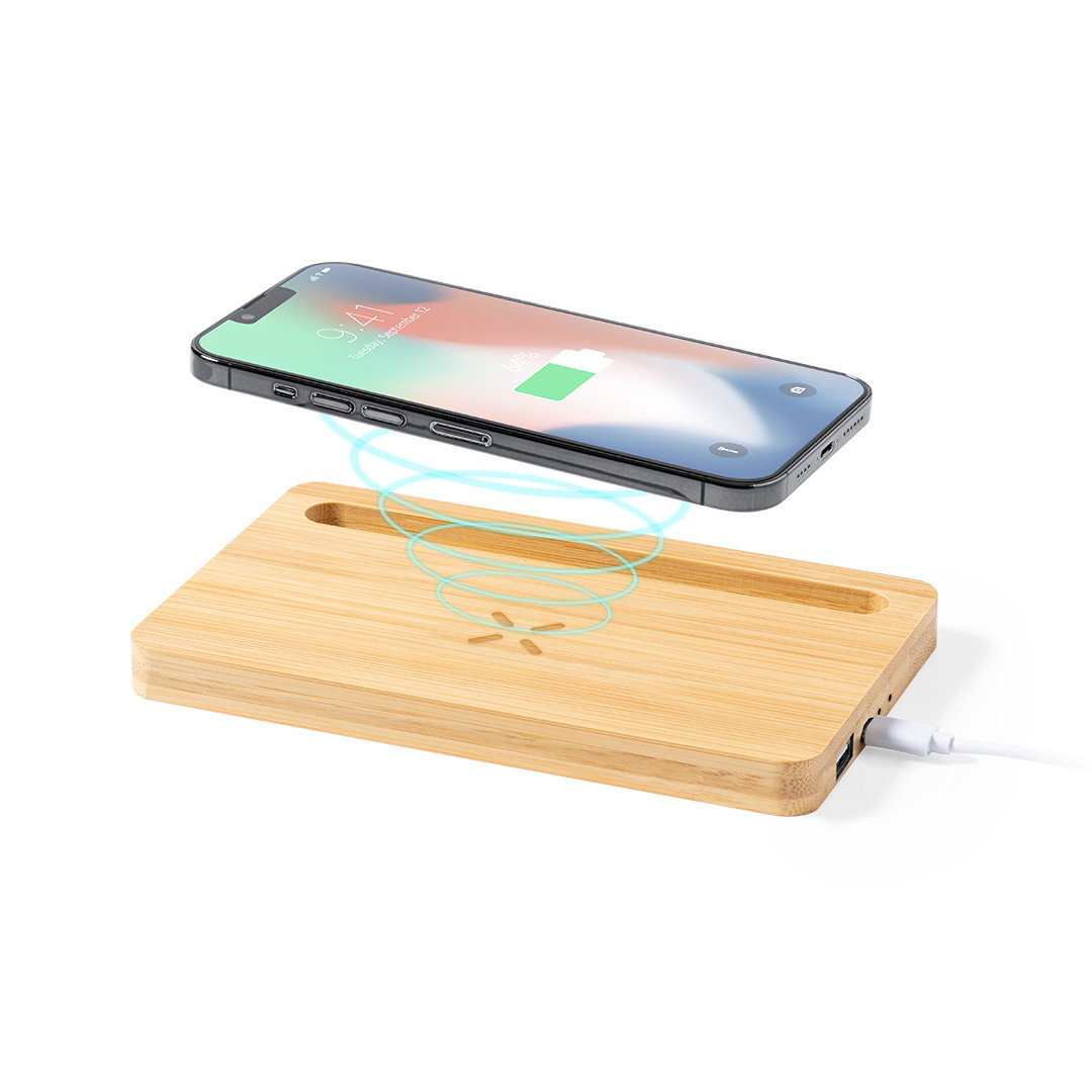 Cargador personalizado organizador Loubron inalámbrico 15W de bambú con USB - Tecnología - Regalo Promocional Personalizado - vista alternativa