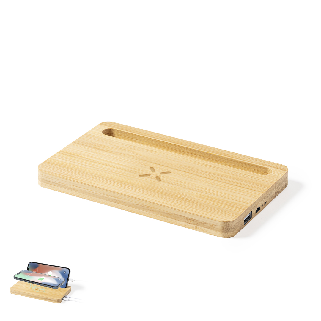 Cargador personalizado organizador Loubron inalámbrico 15W de bambú con USB - Tecnología - Regalo Promocional Personalizado