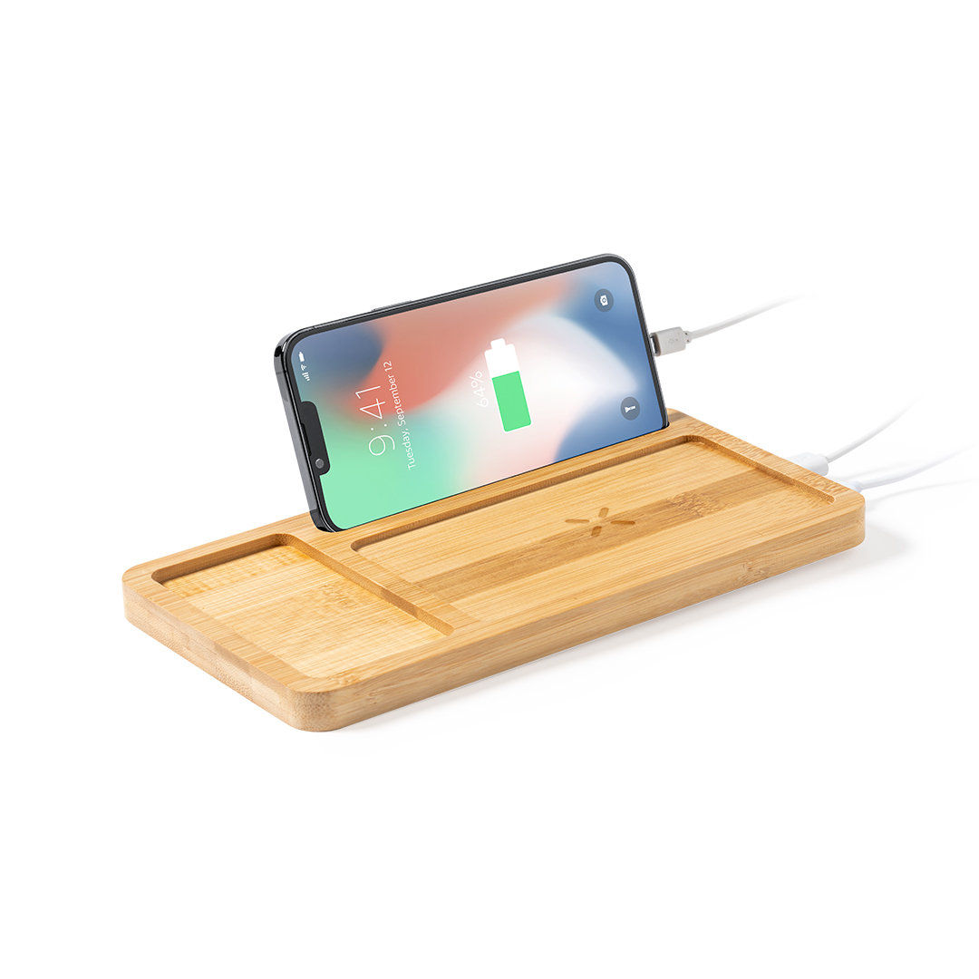 Cargador personalizado organizador Golbar inalámbrico 15W de bambú con compartimento - Tecnología - Regalo Promocional Personalizado - vista alternativa