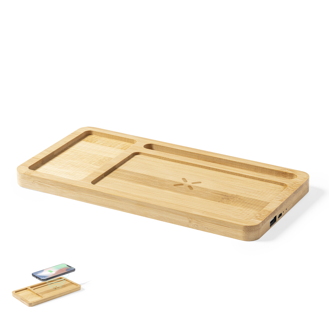 Cargador personalizado organizador Golbar inalámbrico 15W de bambú con compartimento - Tecnología - Regalo Promocional Personalizado