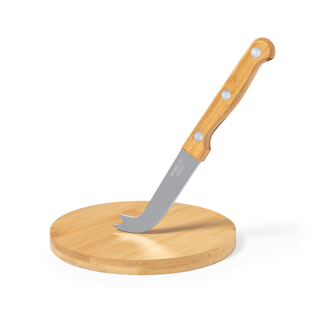 Set de quesos personalizado Nestor de bambú y acero inoxidable con tabla redonda