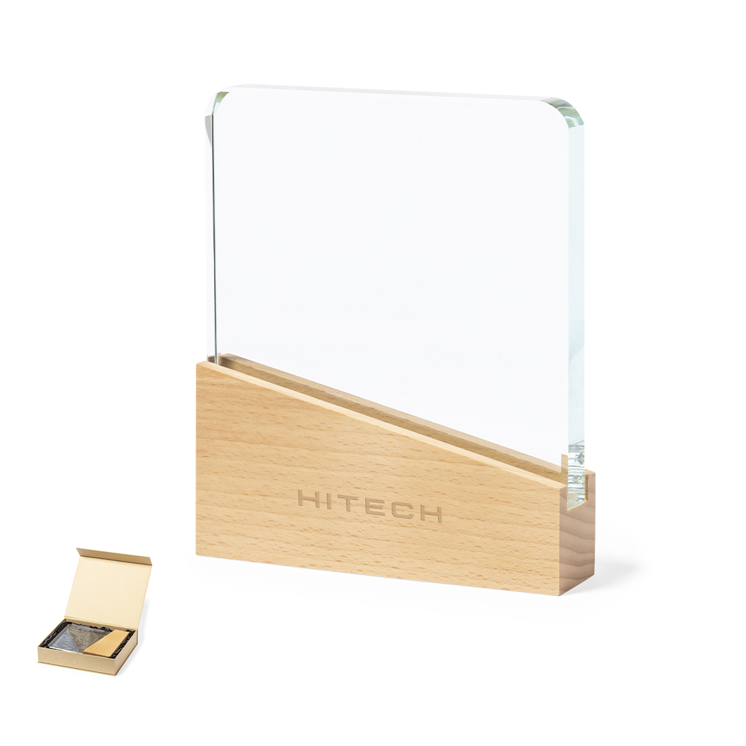Placa personalizada Vertu de cristal con base de madera natural - Trofeos - Regalo Promocional Personalizado