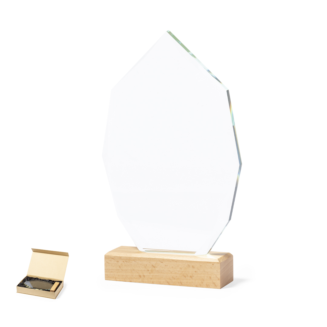Placa personalizada Pulman de cristal con base de madera natural - Trofeos - Regalo Promocional Personalizado