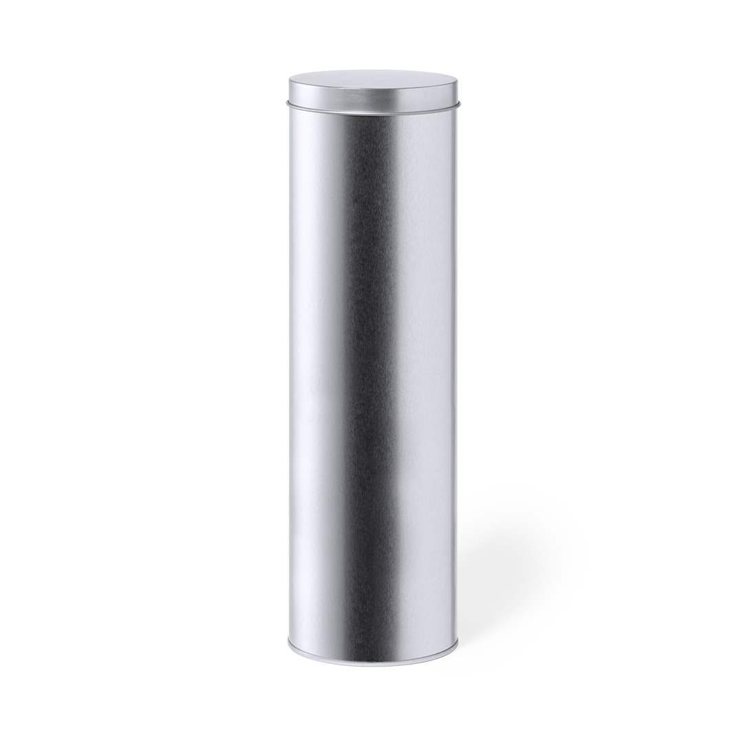 Caja de presentación personalizada Kannus cilíndrica de metal plateado