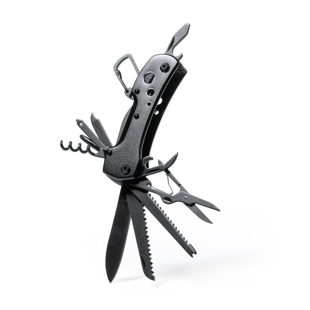 Navaja multiusos personalizada Komit de acero inox con mosquetón