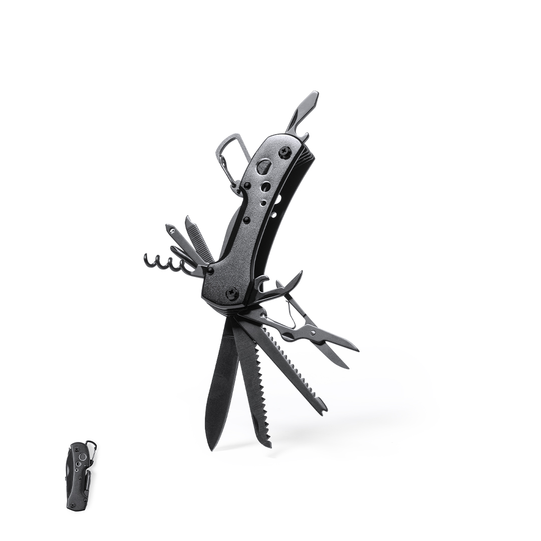 Navaja multiusos personalizada Komit de acero inox con mosquetón - Navajas personalizadas - Regalo Promocional Personalizado