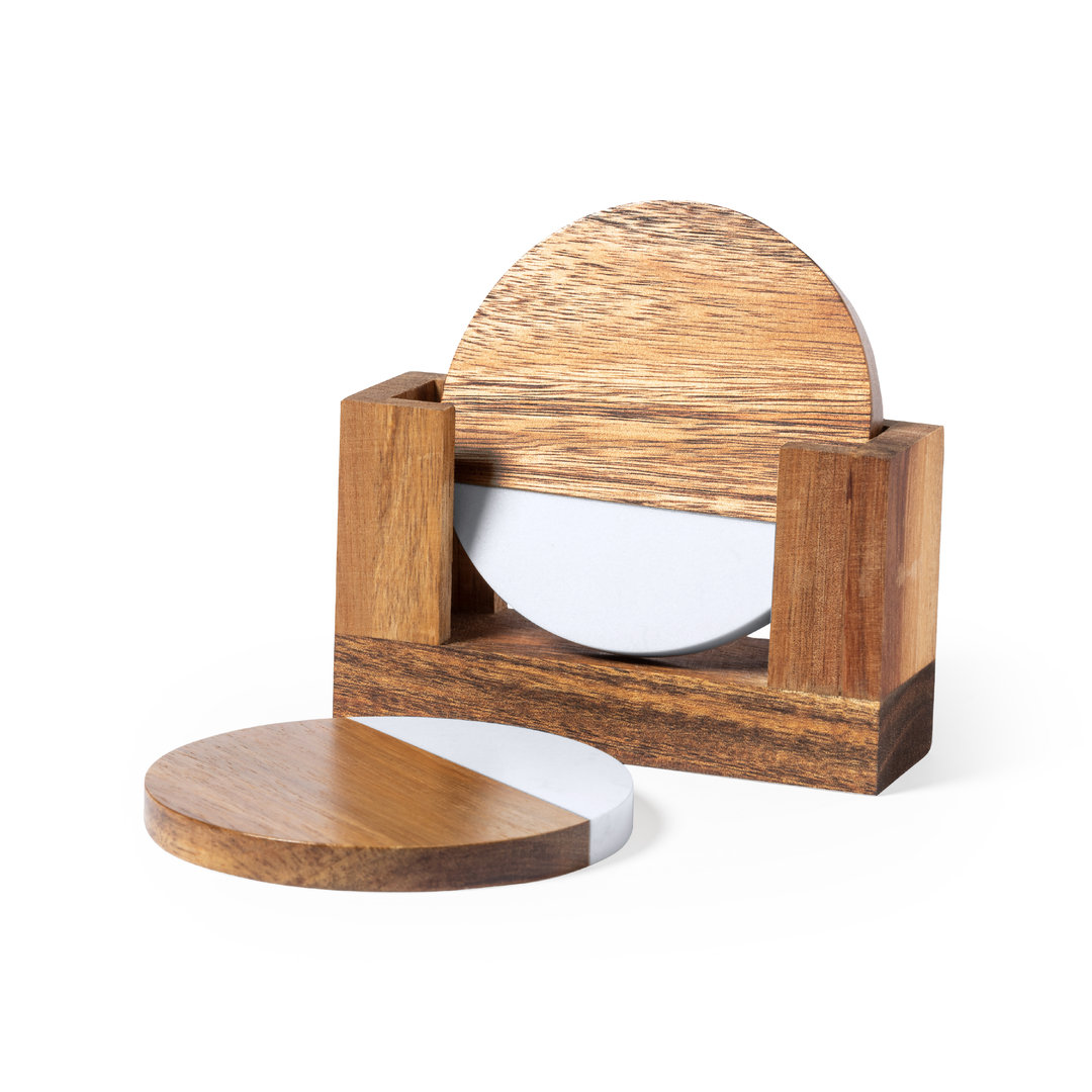 Set de posavasos personalizado Derrol premium de madera de acacia con mármol