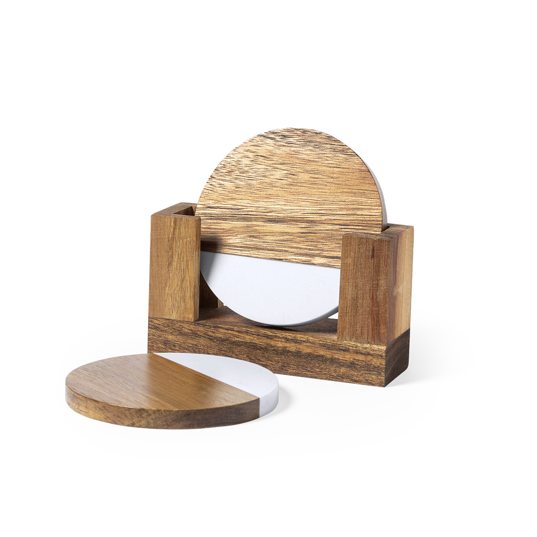 Set de posavasos personalizado Derrol premium de madera de acacia con mármol - Packs de regalo personalizado - Regalo Promocional Personalizado