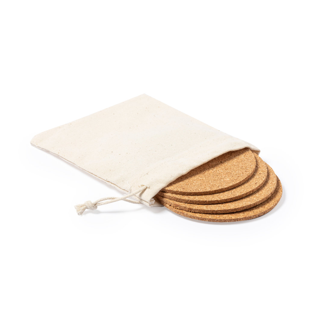 Set de posavasos personalizado Yagger de corcho natural en bolsa de algodón