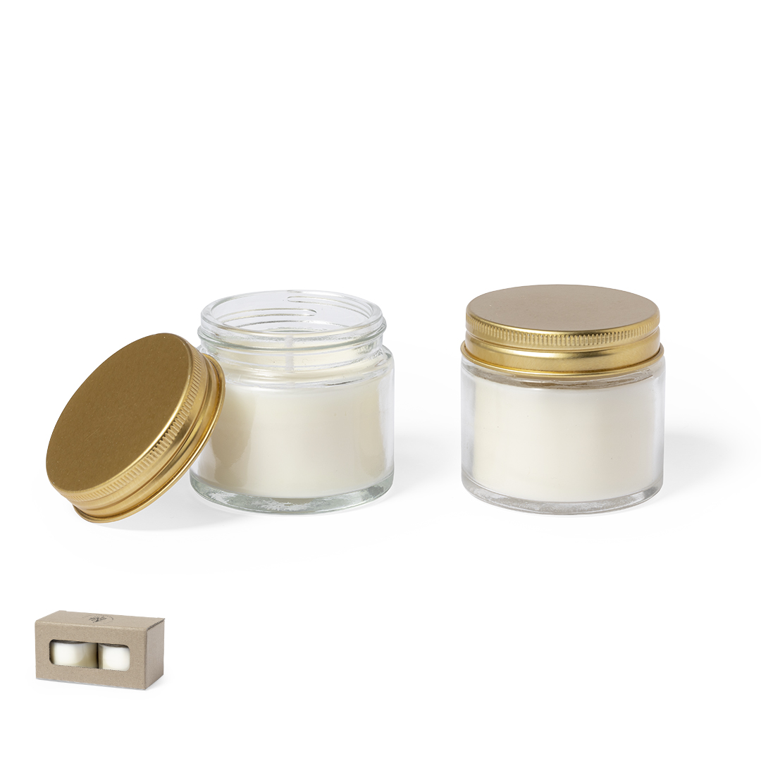Set de velas aromáticas personalizado Kesha con cera vegetal y aroma fresia - Velas personalizadas - Regalo Promocional Personalizado