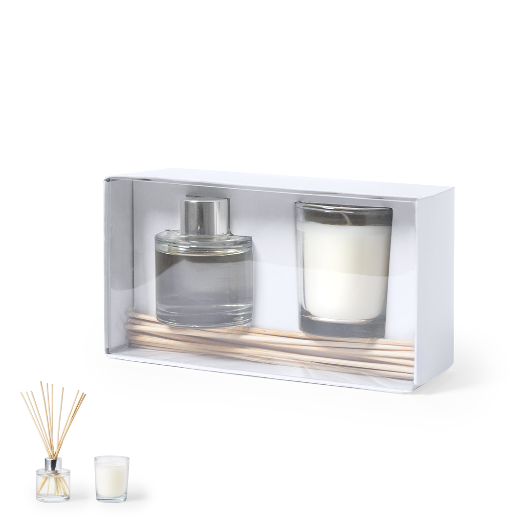 Set aromático personalizado Hanks con difusor y vela de cristal - Tazas y botellas - Regalo Promocional Personalizado