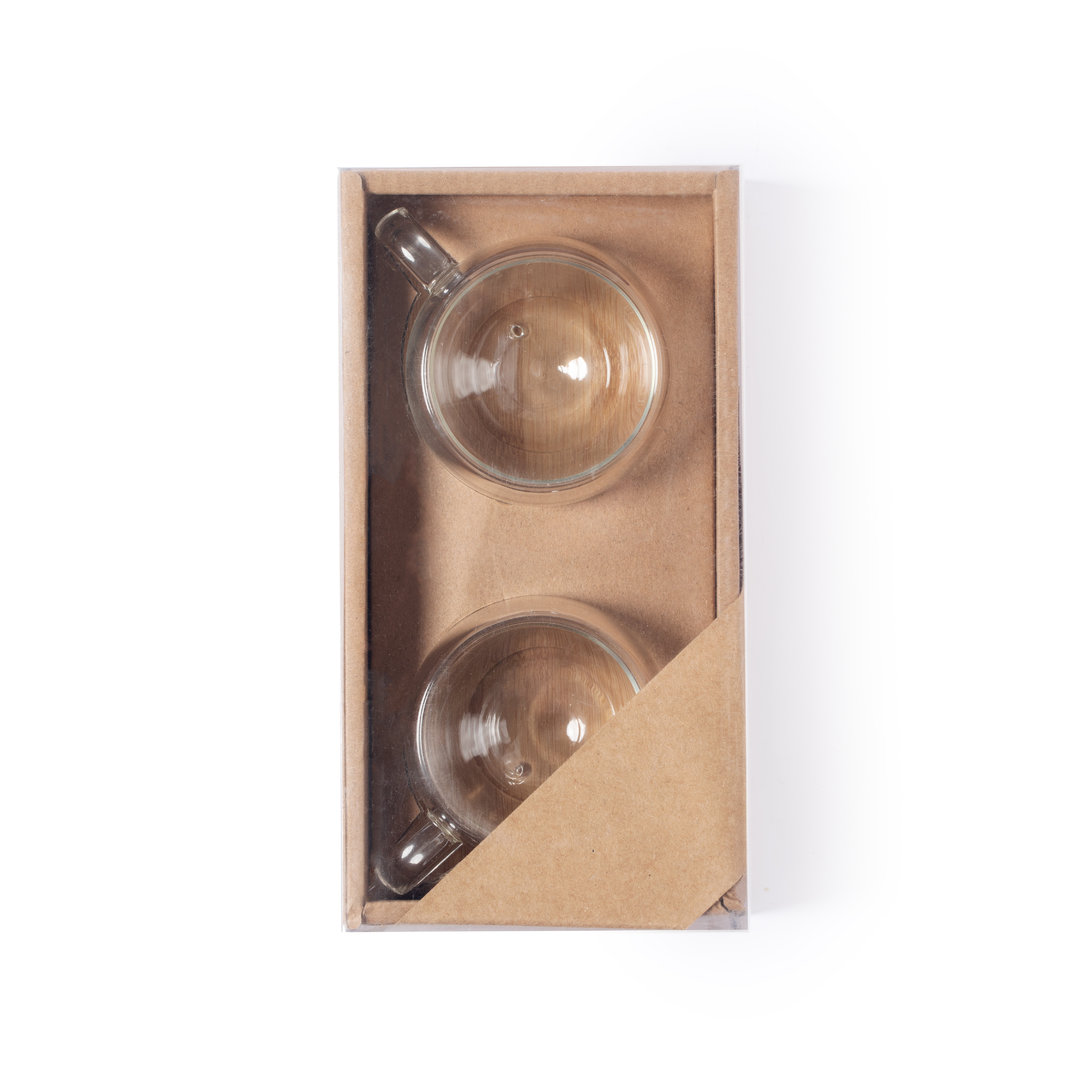 Set de tazas personalizado Gladen de borosilicato con posavasos de bambú