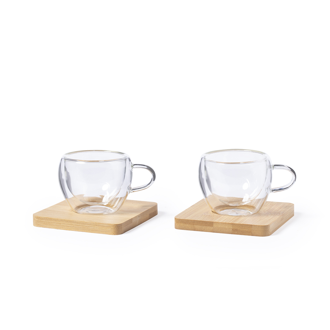 Set de tazas personalizado Gladen de borosilicato con posavasos de bambú - Packs de regalo personalizado - Regalo Promocional Personalizado