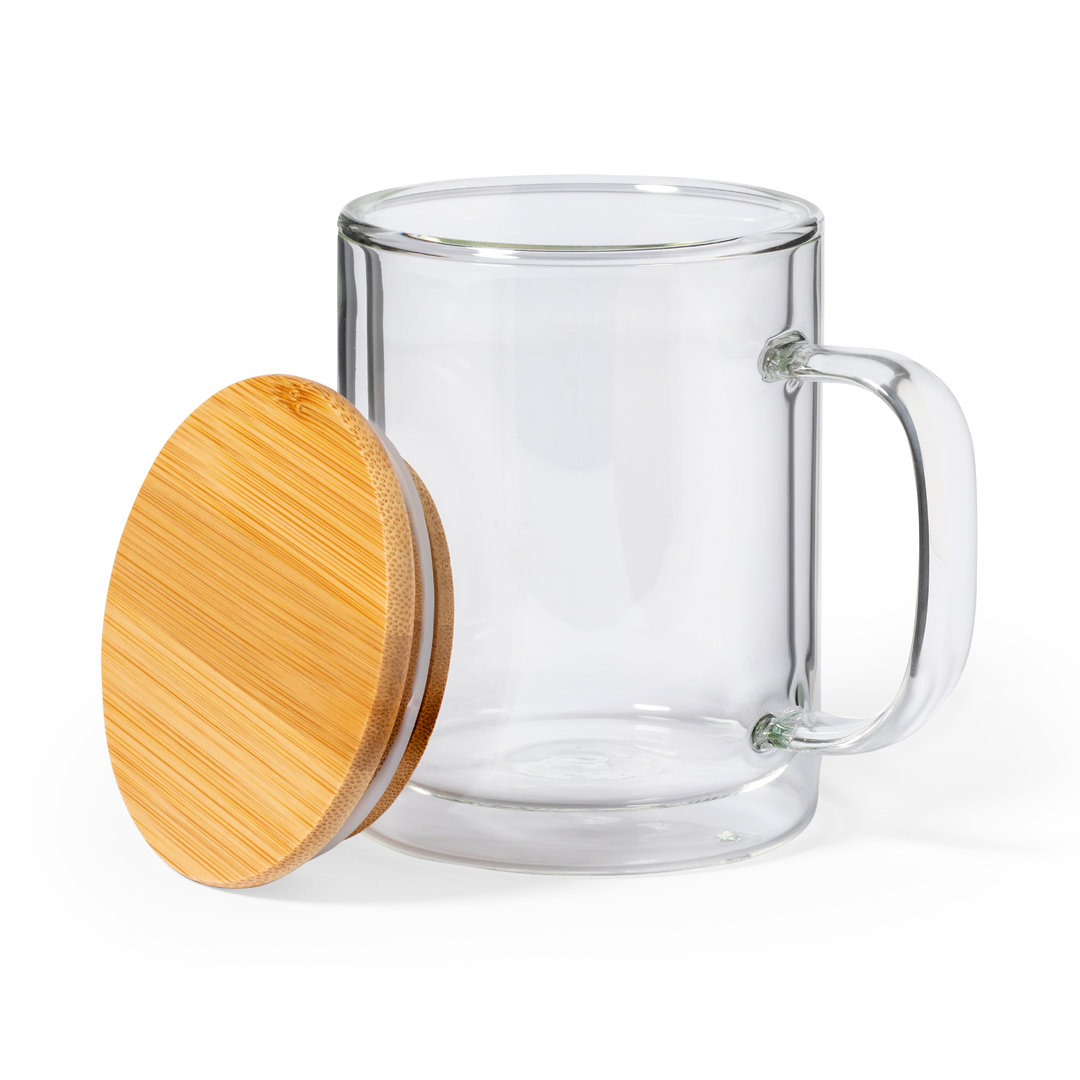 Taza térmica personalizada Laik de cristal borosilicato con bambú de 370ml