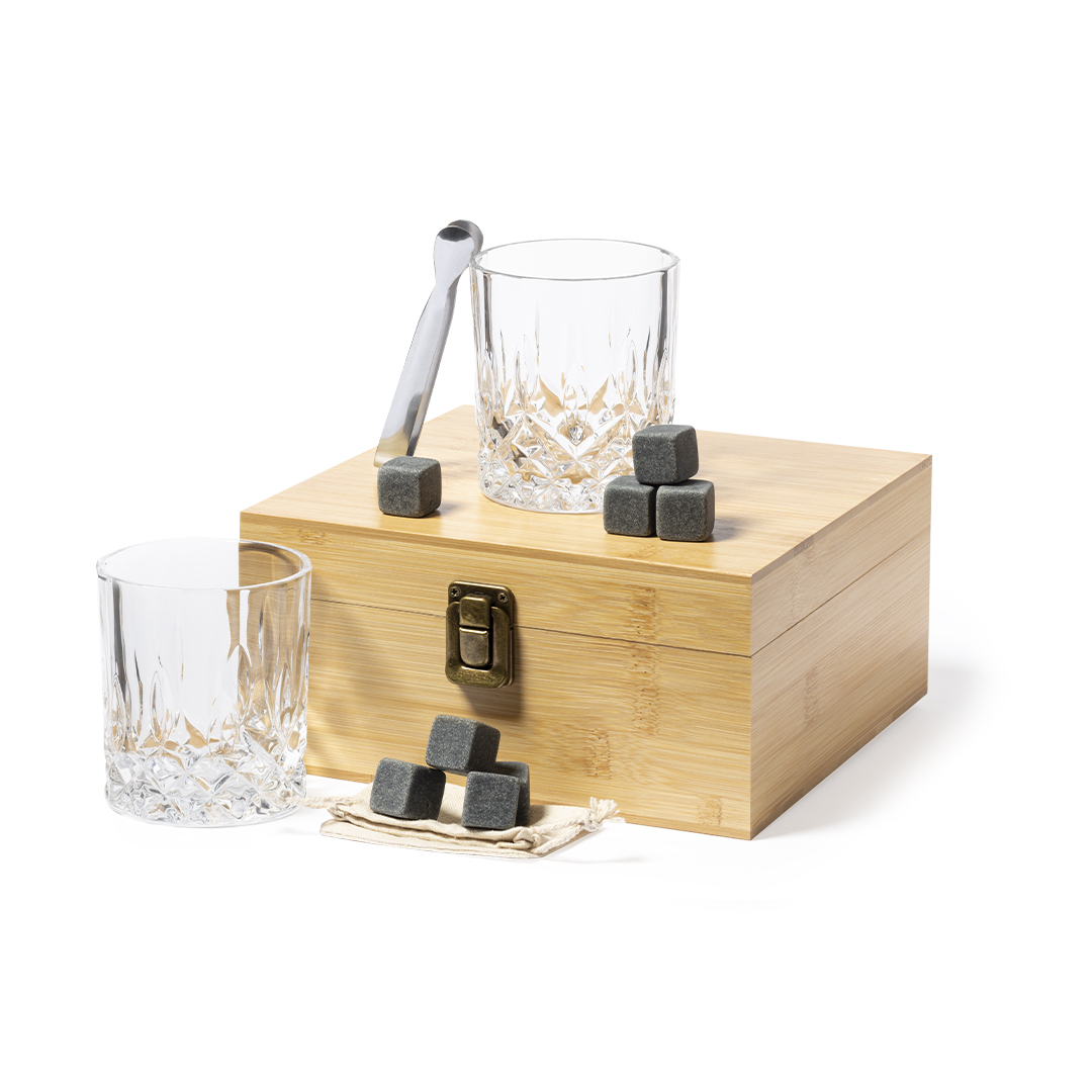 Set de whisky personalizado Steger de bambú con cubitos de piedra natural - Packs de regalo personalizado - Regalo Promocional Personalizado