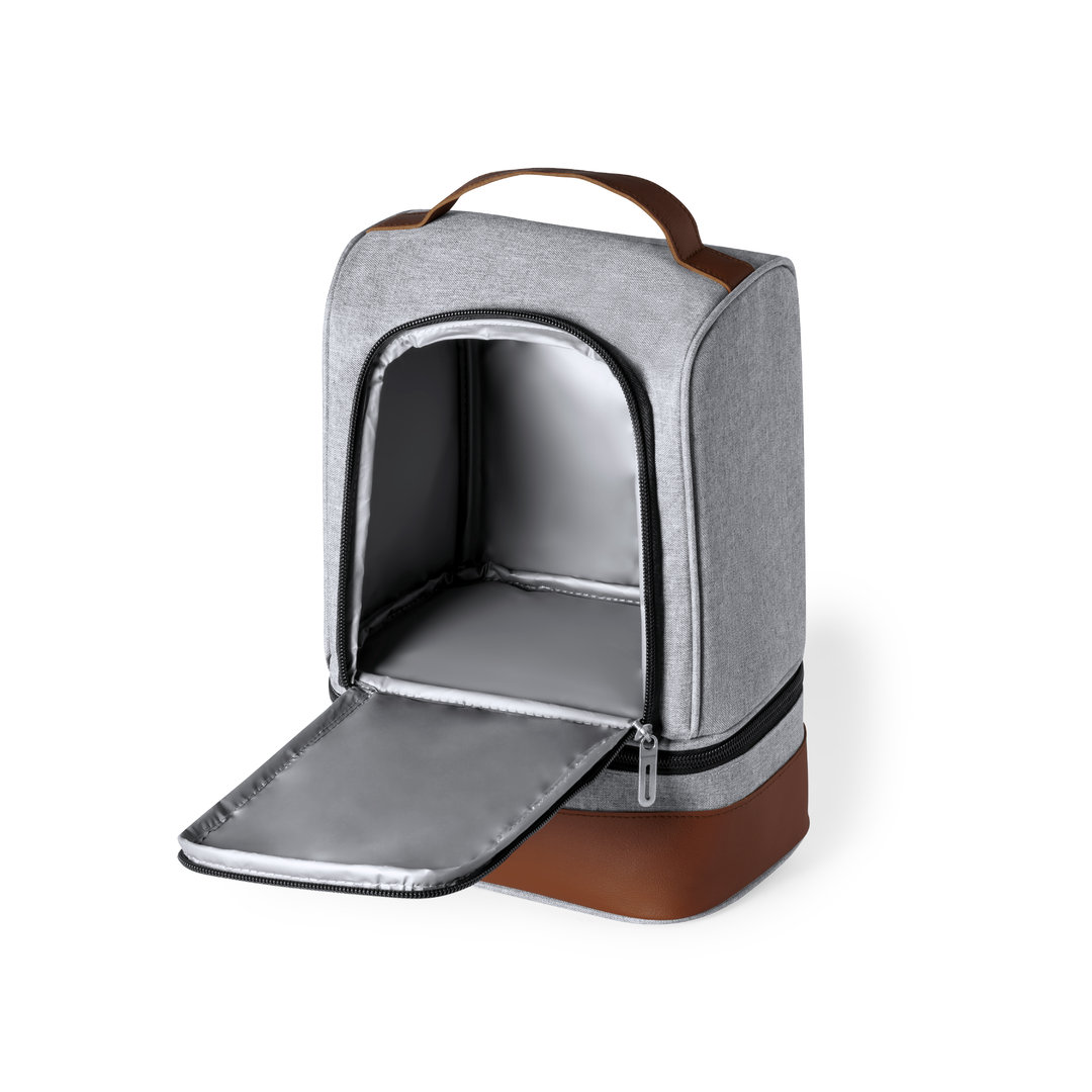 Nevera personalizada Kumak de RPET gris con polipiel marrón