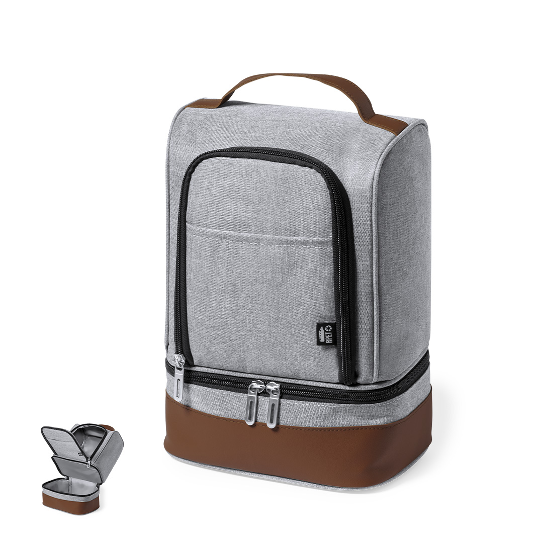 Nevera personalizada Kumak de RPET gris con polipiel marrón - Verano - Regalo Promocional Personalizado
