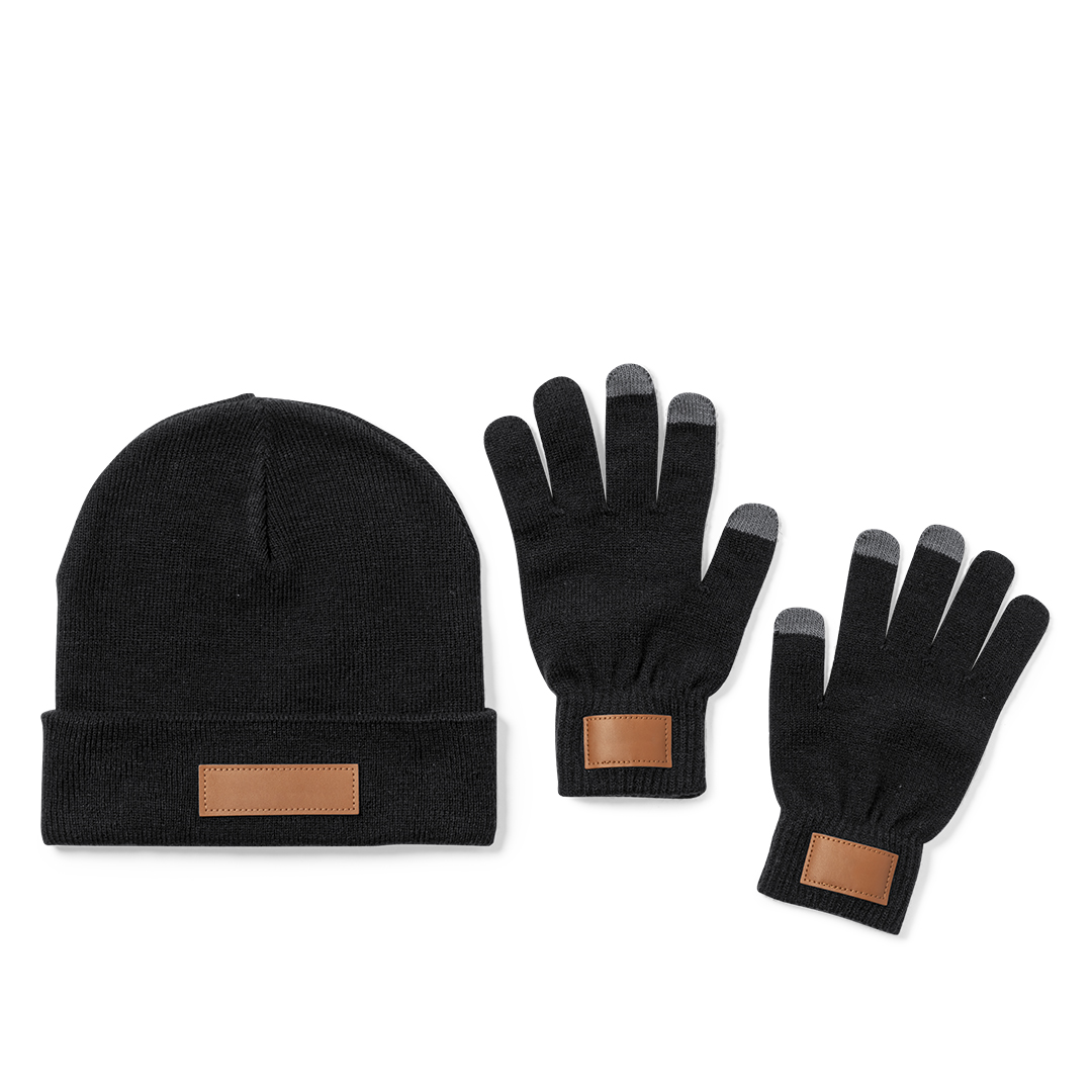 Set de gorro y guantes personalizado Prasan acrílicos con parche de polipiel - Tazas y botellas - Regalo Promocional Personalizado