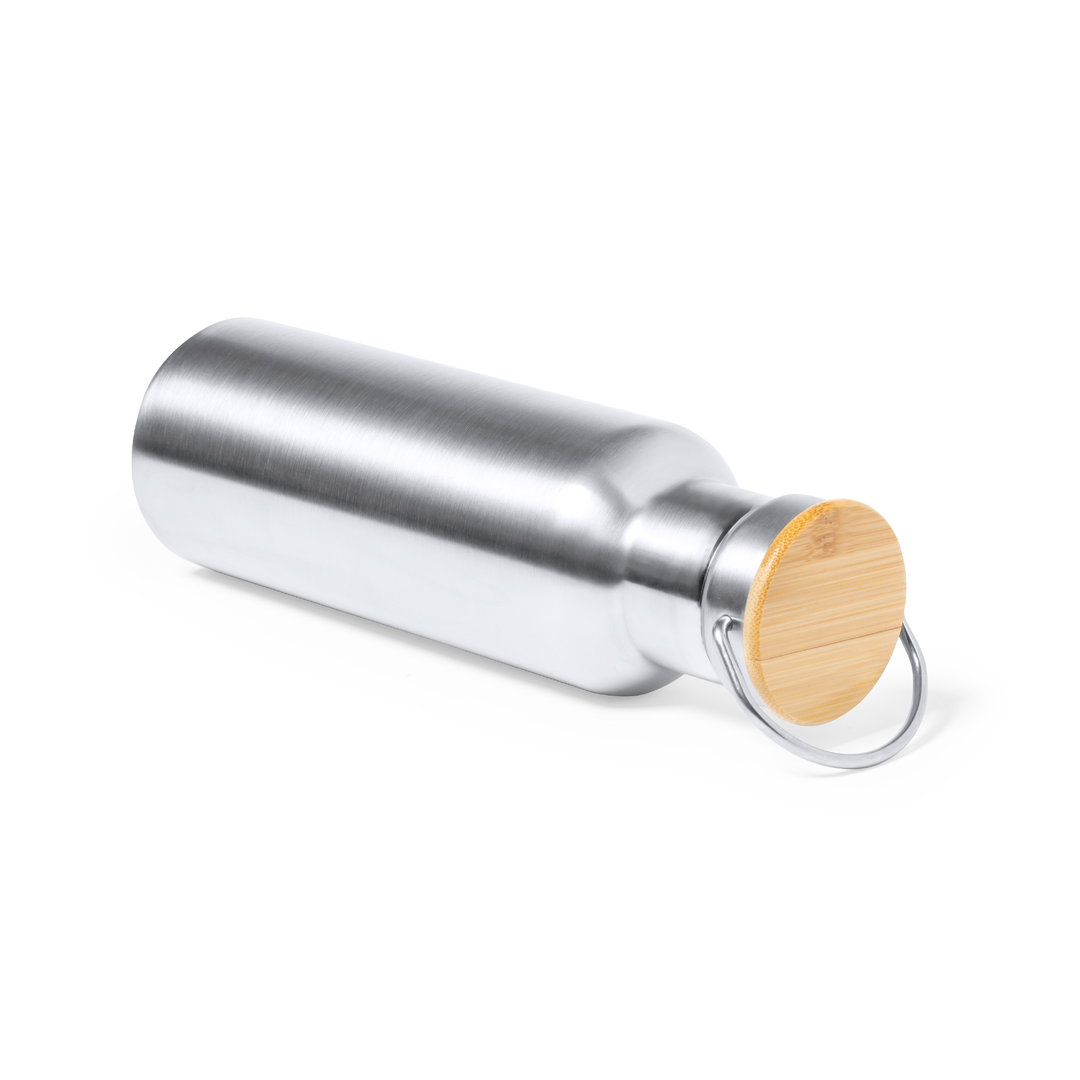 Bidón personalizado Térmico Duky de 500ml en acero mate con detalle de bambú