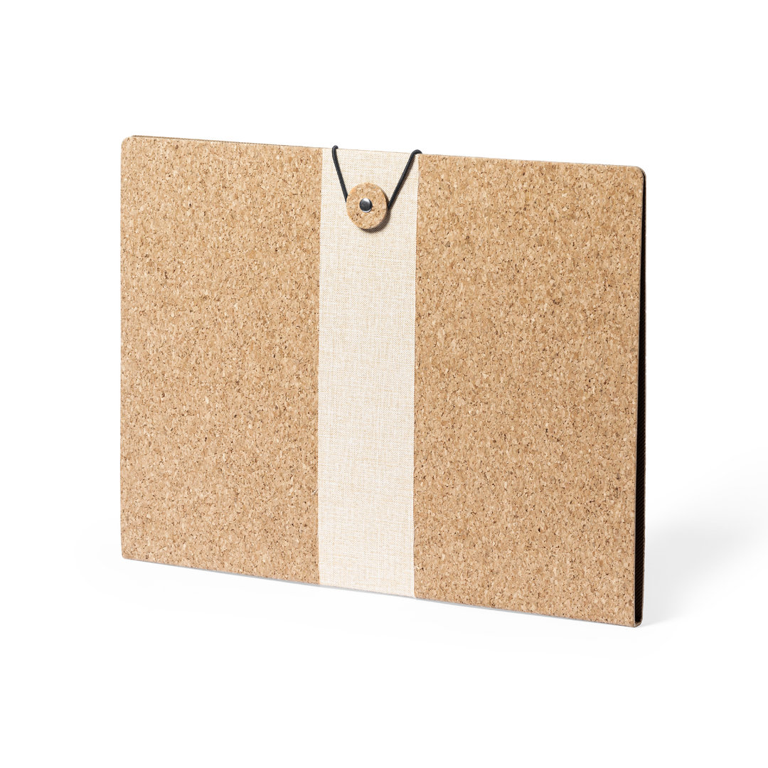 Carpeta personalizada Hendrus de corcho natural con banda de lino
