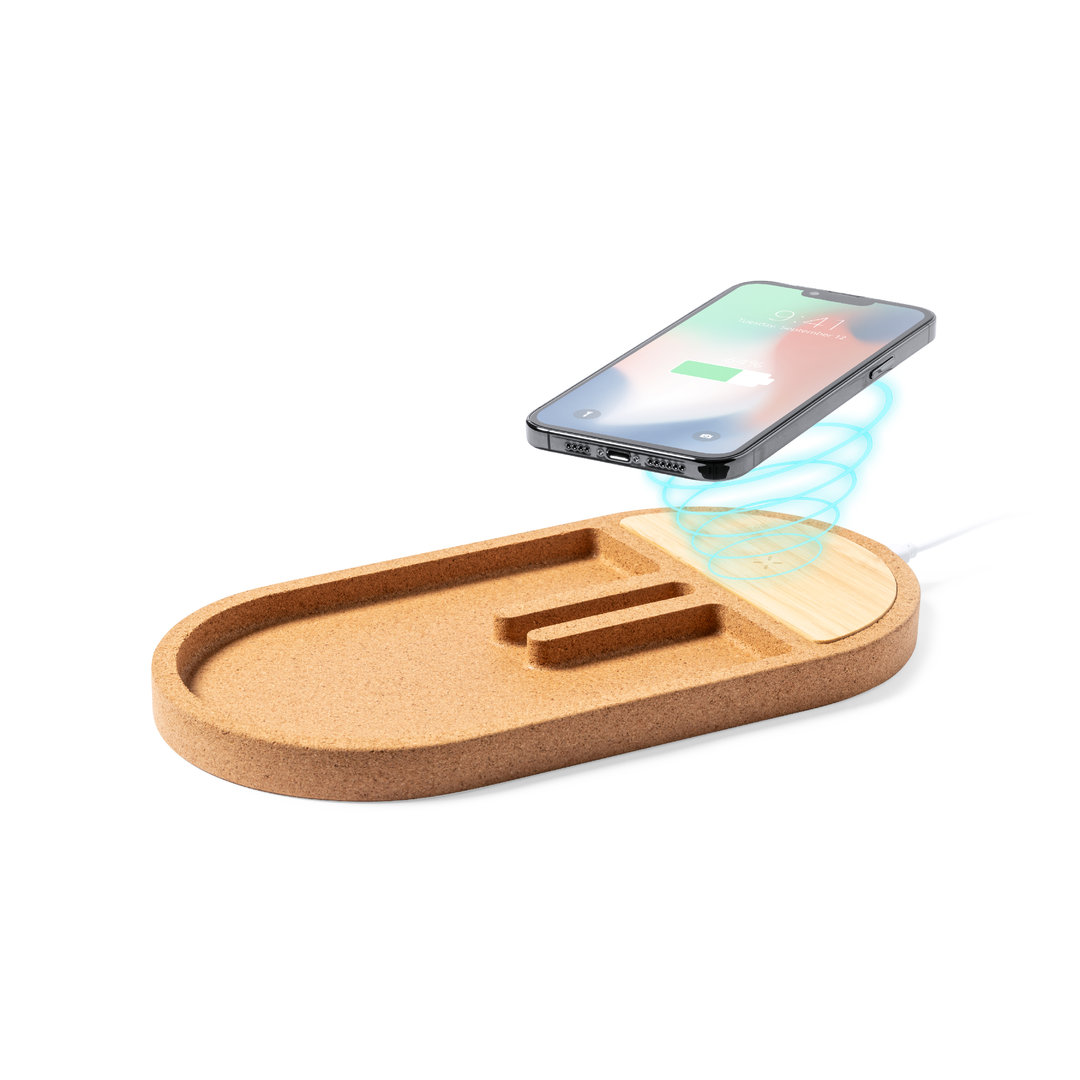 Cargador personalizado organizador Beny inalámbrico 15W de corcho con bambú - Tecnología - Regalo Promocional Personalizado - imagen 3