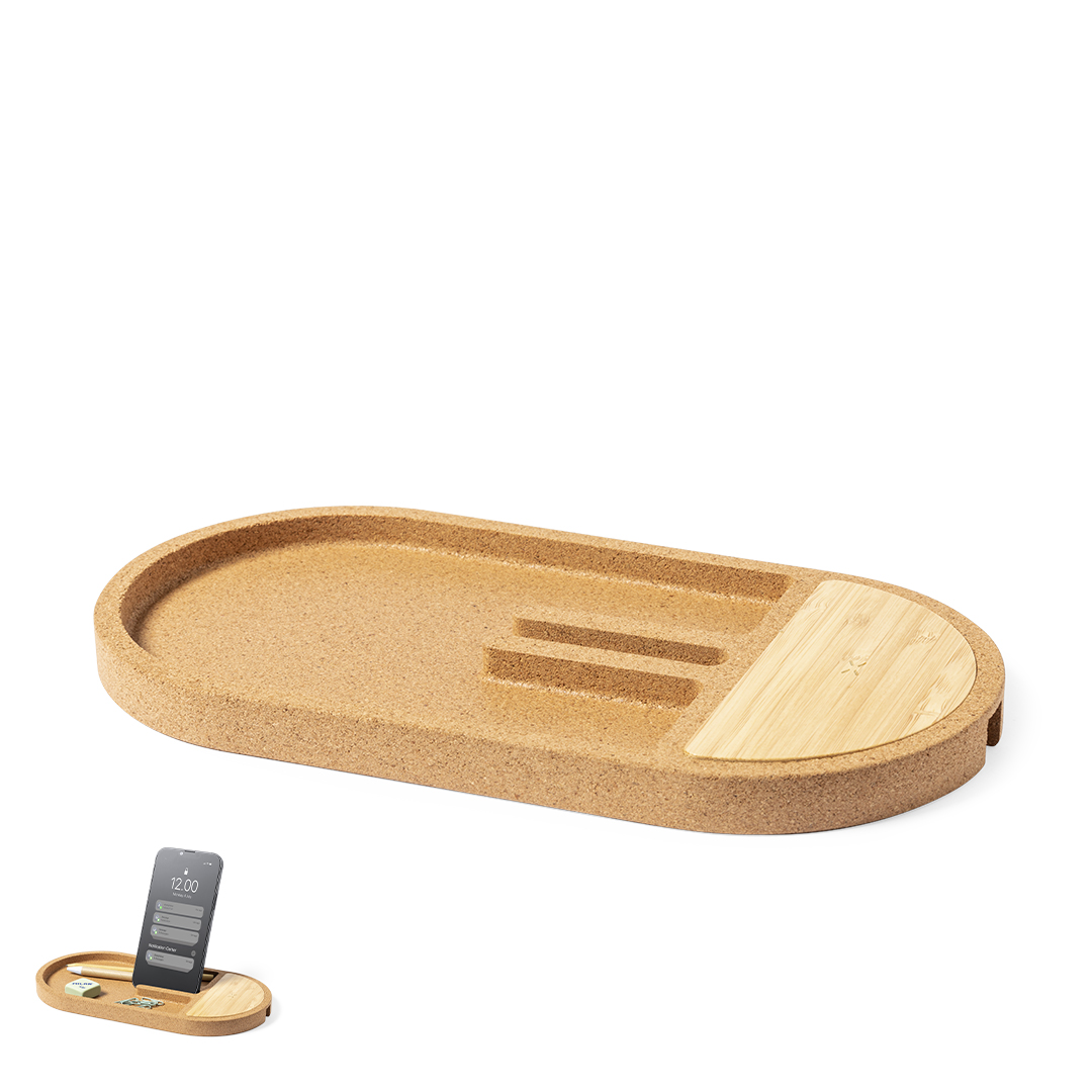 Cargador personalizado organizador Beny inalámbrico 15W de corcho con bambú - Tecnología - Regalo Promocional Personalizado