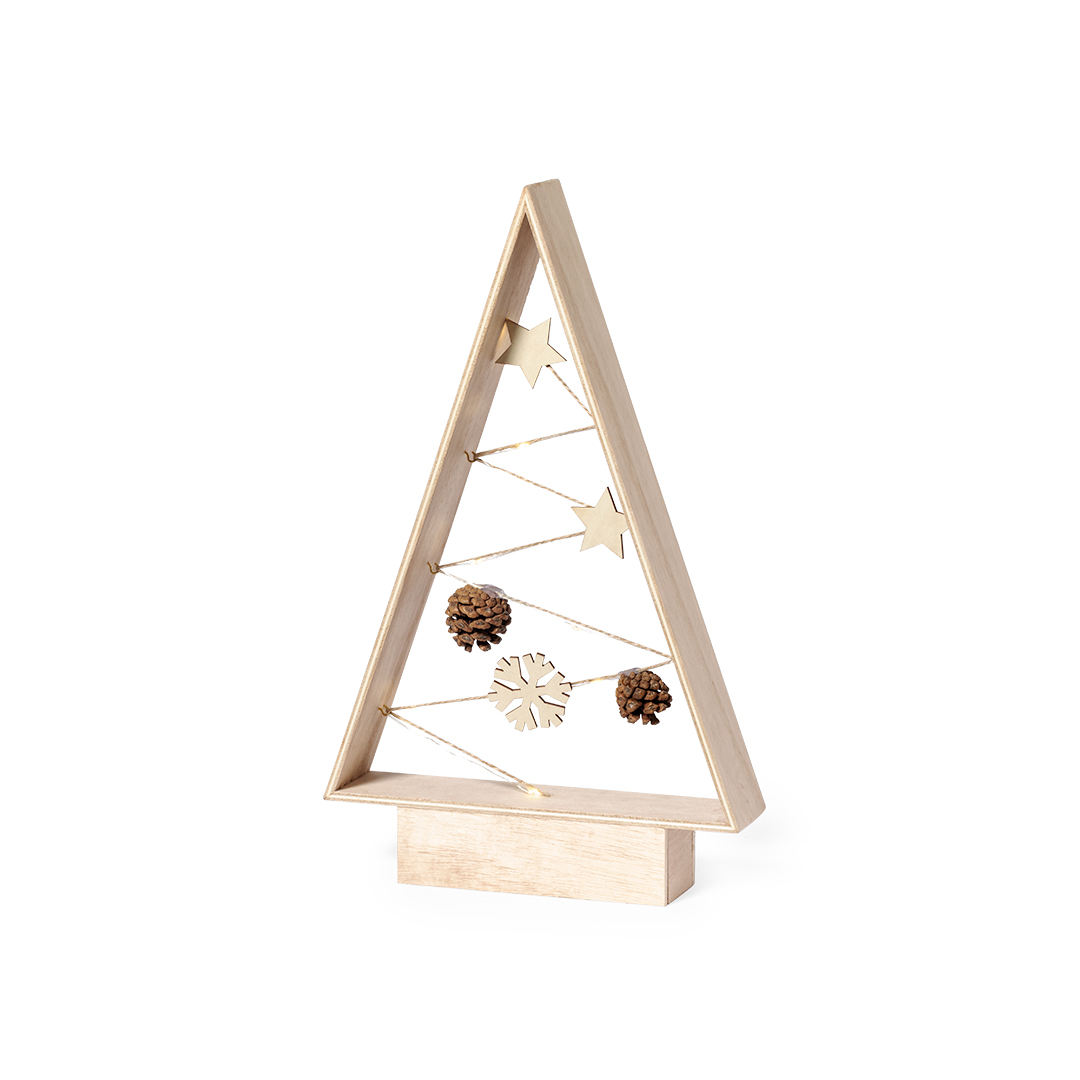Adorno Allurex de madera natural con forma de árbol navidad y 8 LEDs