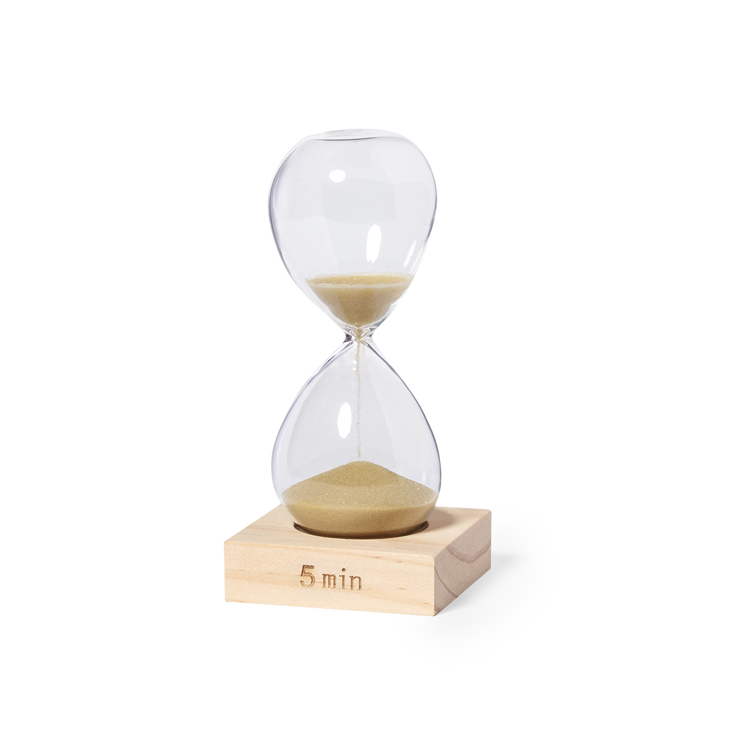Reloj de arena personalizado Faran de cristal borosilicato con base de pino 5 minutos