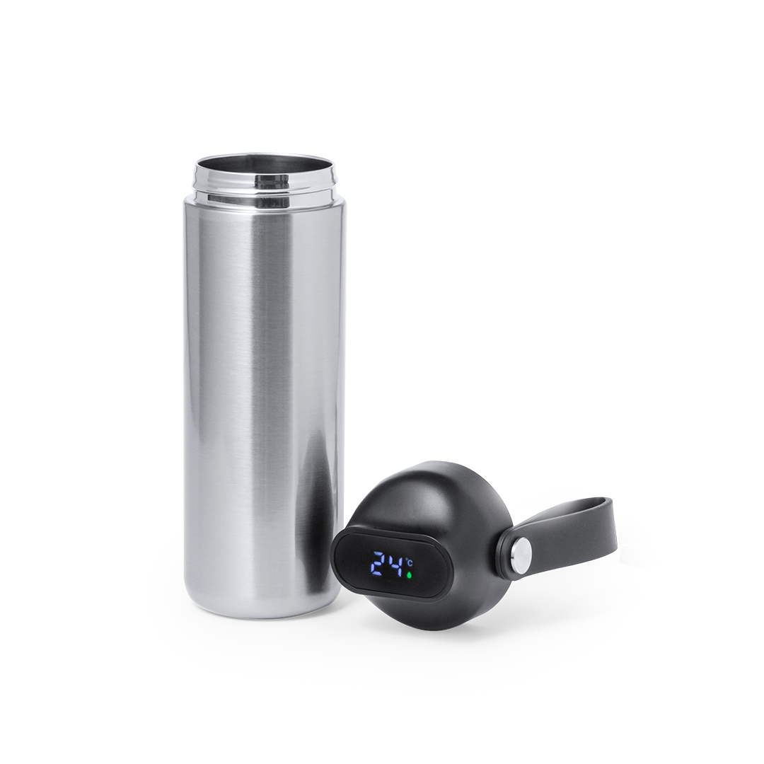 Bidón personalizado Térmico Troy de 630ml con medidor de temperatura táctil y bolsa reciclada