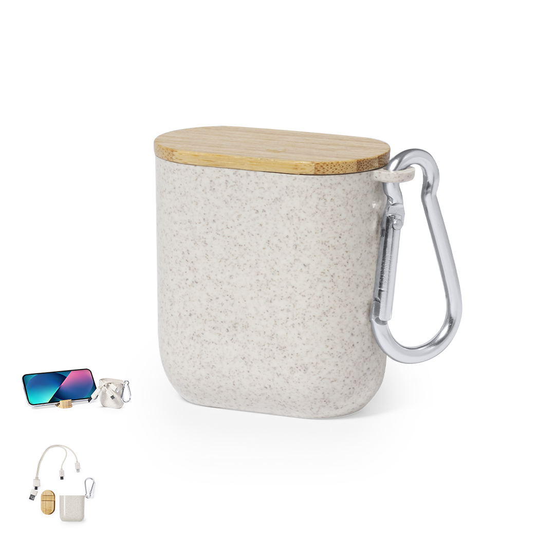 Cable cargador personalizado Brayce de fibra de trigo con estuche bambú - Tecnología - Regalo Promocional Personalizado