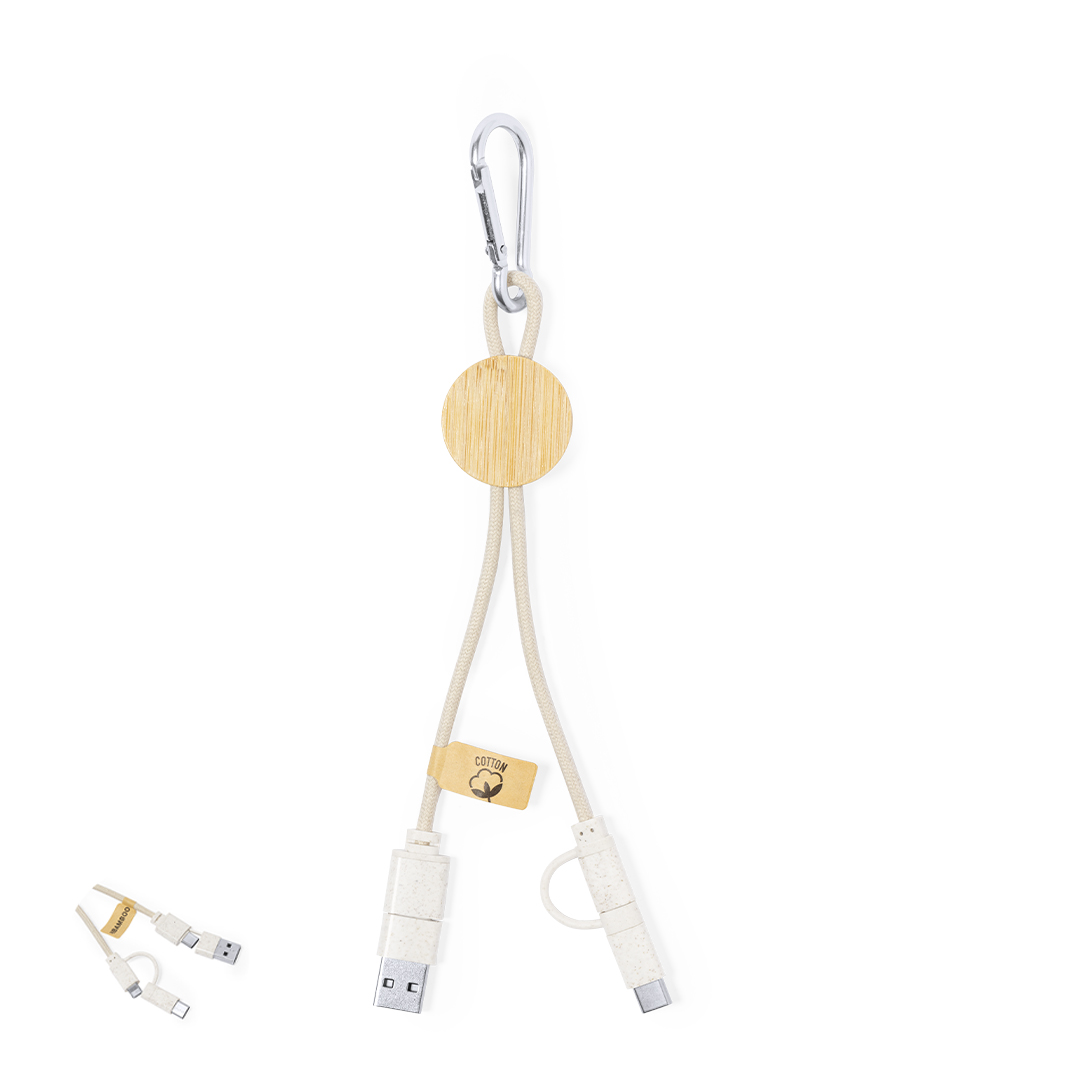 Cable cargador personalizado Denny de bambú y algodón con mosquetón - Tecnología - Regalo Promocional Personalizado