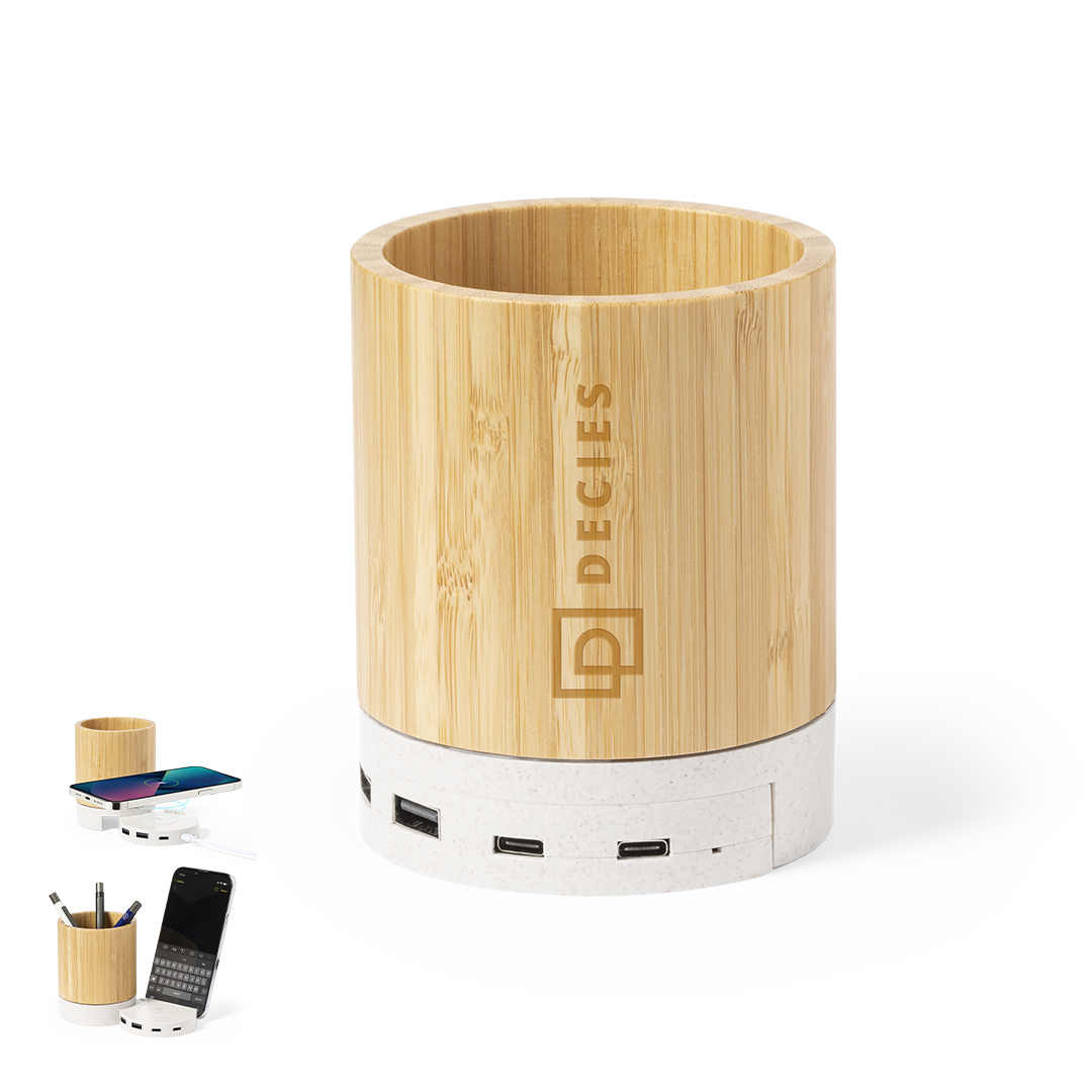 Lapicero multifunción personalizado Birwen de bambú con cargador inalámbrico - Tecnología - Regalo Promocional Personalizado