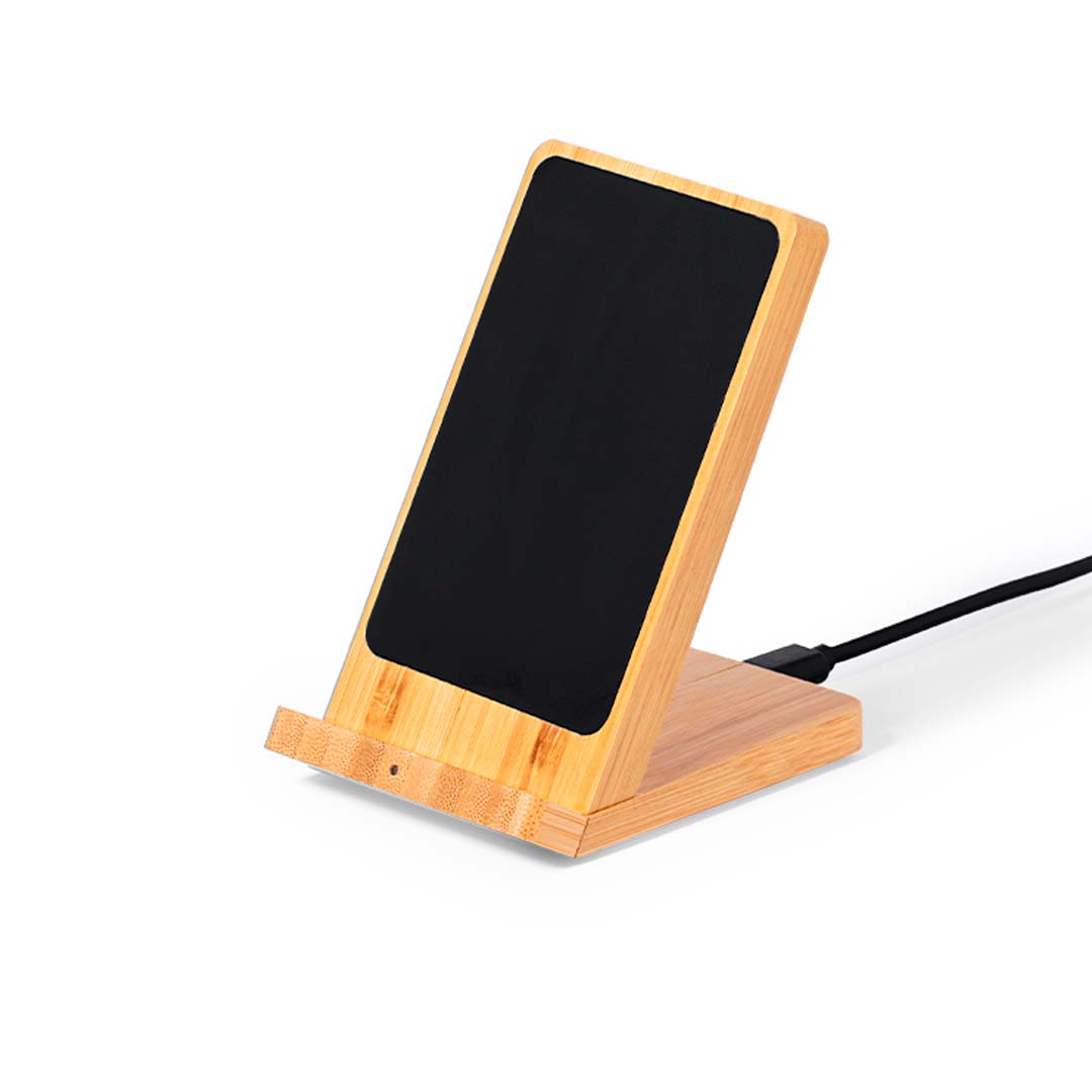 Cargador personalizado Steward inalámbrico 15W de bambú con LED láser