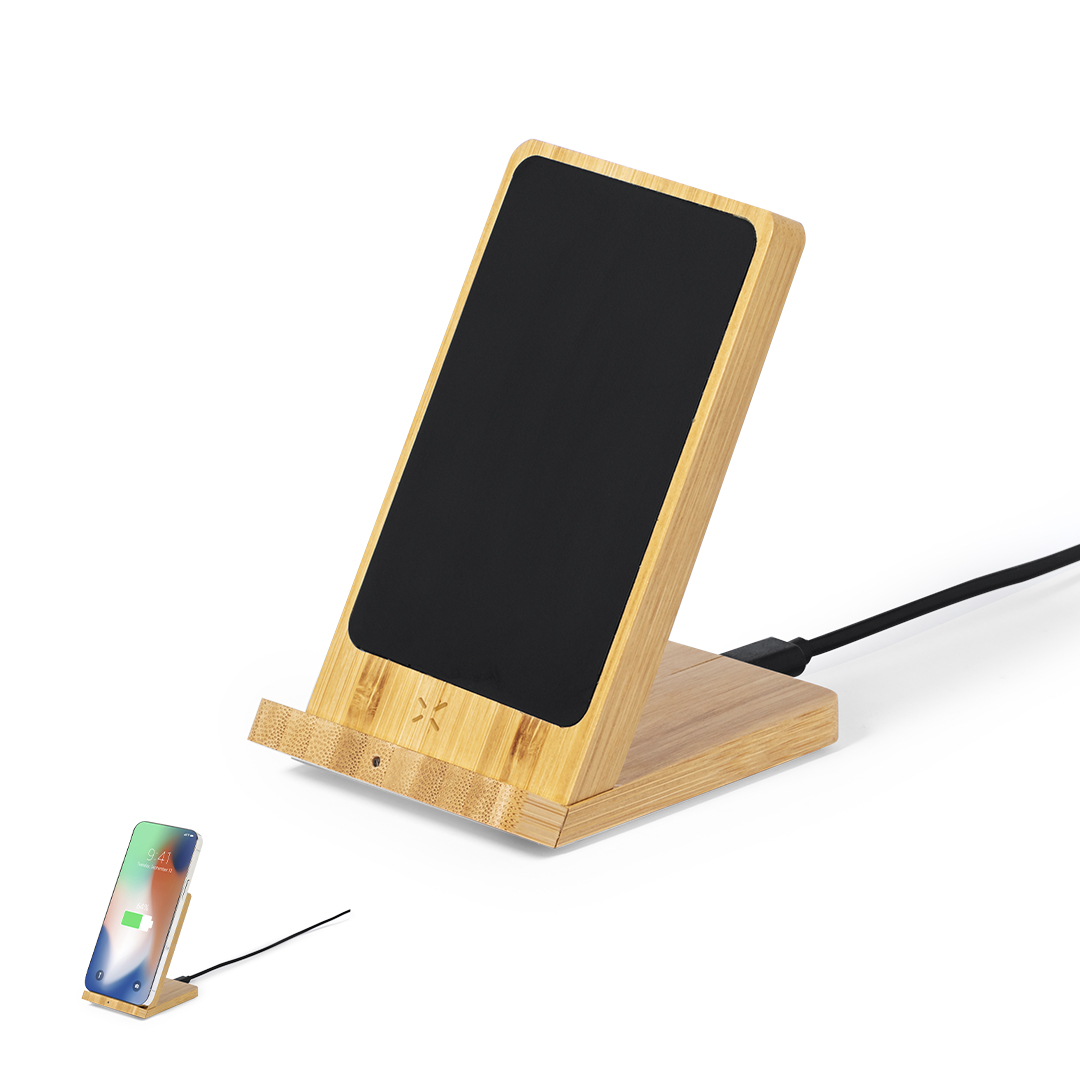 Cargador personalizado Steward inalámbrico 15W de bambú con LED láser - Tecnología - Regalo Promocional Personalizado