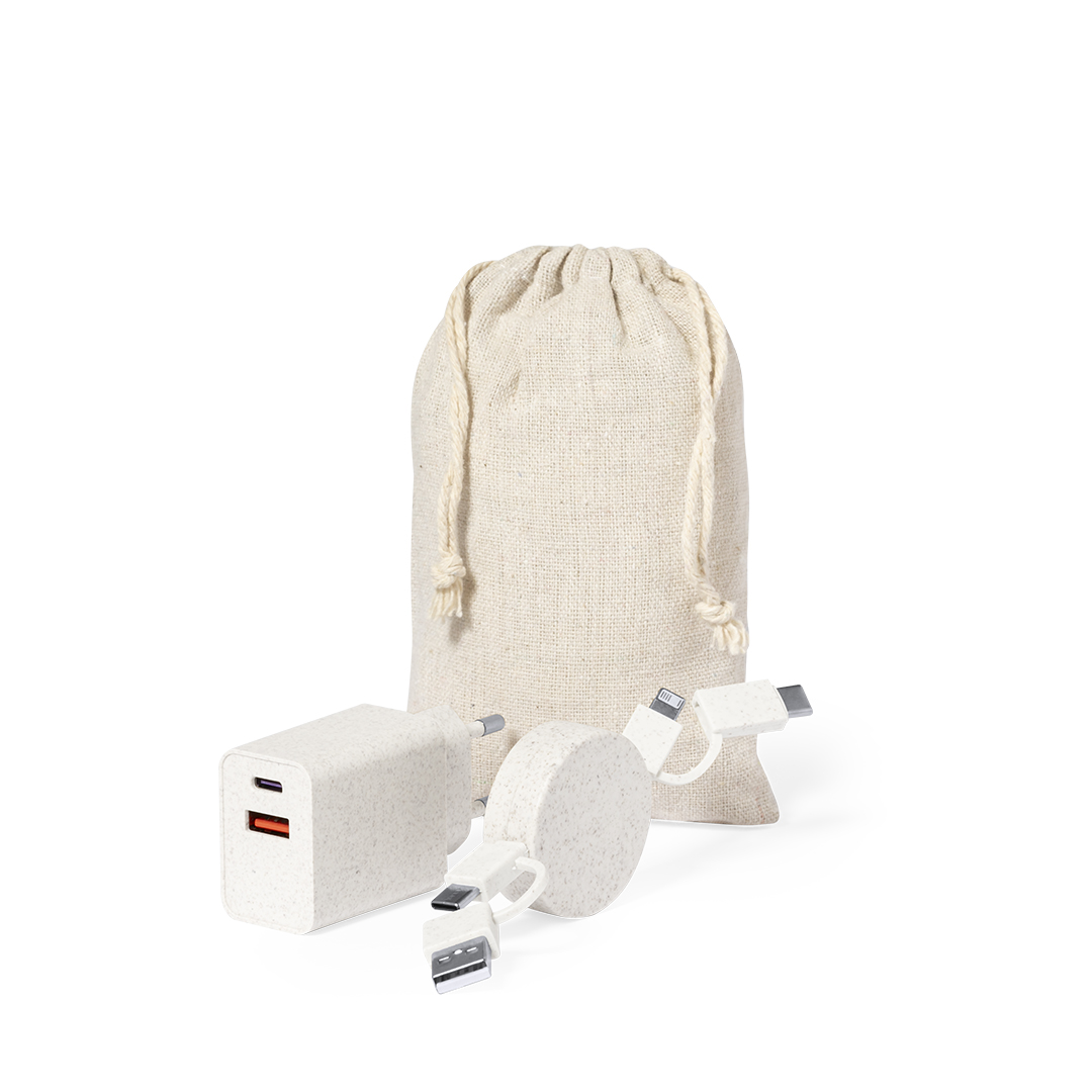 Set cargadores personalizado Pylot de fibra de trigo con bolsa algodón - Viaje - Regalo Promocional Personalizado