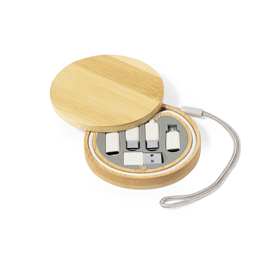 Set cables cargadores personalizado Chaconix de fibra de trigo con estuche bambú - Viaje - Regalo Promocional Personalizado