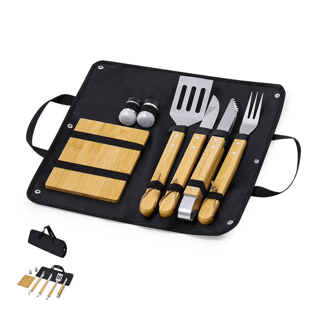 Set barbacoa personalizado Estrol de bambú y acero inox 7 piezas - Hogar - Regalo Promocional Personalizado